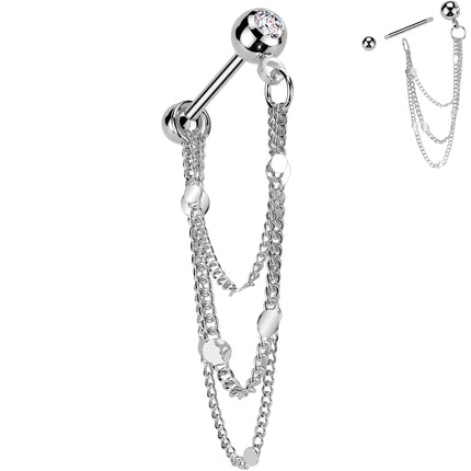 16G 5/16 CZ Gem Stud Triple Chain Cartilage Earring