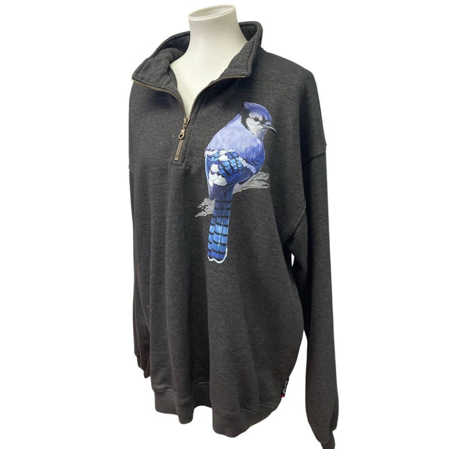 Hand Printed Upcycled Mens 2XL Blue Jay Bird Soft 1/4 Zip Pullover Sweatshirt