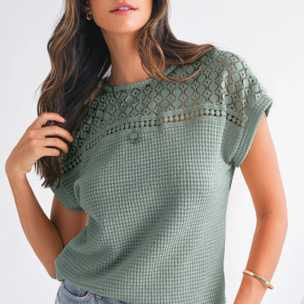 Mist Green Hollow Patchwork Waffle Knit Top