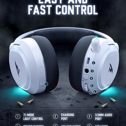 Wireless Gaming Headset, 7.1 Surround Sound, 2.4GHz USB Gaming Headphones with Bluetooth 5.4, 100H Battery, ENC Noise Canceling Mic, RGB Light, Wireless Headset for PC PS5 PS4 Mac Switch (Black-White)