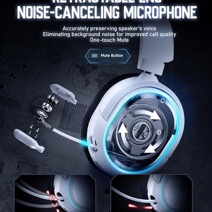 Wireless Gaming Headset, 7.1 Surround Sound, 2.4GHz USB Gaming Headphones with Bluetooth 5.4, 100H Battery, ENC Noise Canceling Mic, RGB Light, Wireless Headset for PC PS5 PS4 Mac Switch (Black-White)