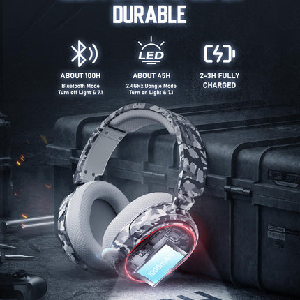 Wireless Gaming Headset, 7.1 Surround Sound, 2.4GHz USB Gaming Headphones with Bluetooth 5.4, 100H Battery, ENC Noise Canceling Mic, RGB Light, Wireless Headset for PC PS5 PS4 Mac Switch (Black-White)