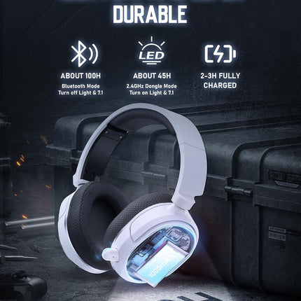 Wireless Gaming Headset, 7.1 Surround Sound, 2.4GHz USB Gaming Headphones with Bluetooth 5.4, 100H Battery, ENC Noise Canceling Mic, RGB Light, Wireless Headset for PC PS5 PS4 Mac Switch (Black-White)