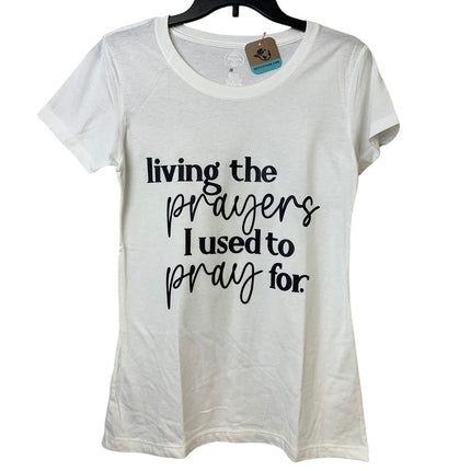 New Hand Printed Womens Medium White PolyCotton Living the Prayer Tee Shirt