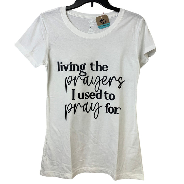 New Hand Printed Womens Medium White PolyCotton Living the Prayer Tee Shirt