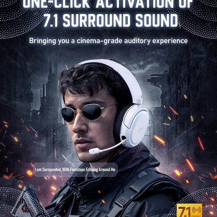 Wireless Gaming Headset, 7.1 Surround Sound, 2.4GHz USB Gaming Headphones with Bluetooth 5.4, 100H Battery, ENC Noise Canceling Mic, RGB Light, Wireless Headset for PC PS5 PS4 Mac Switch (Black-White)