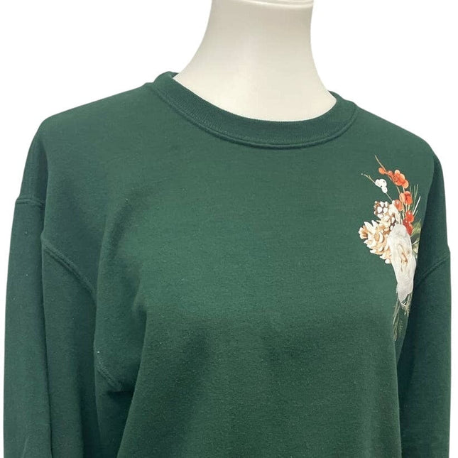 Hand Printed Upcycled Womens Small Christmas Rose Floral Pine Cone Sweatshirt