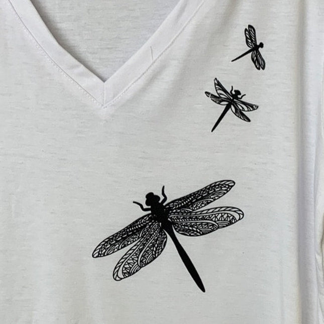 New Hand Printed Womens Small White Black Dragonfly Short Sleeve VNeck Tee Shirt