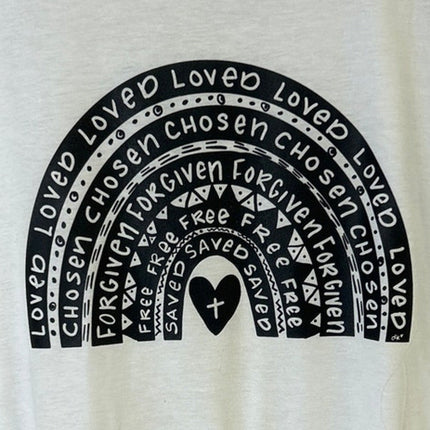 New Hand Printed Womens 2XL Jesus Loved Chosen Forgiven Free Rainbow Tee Shirt