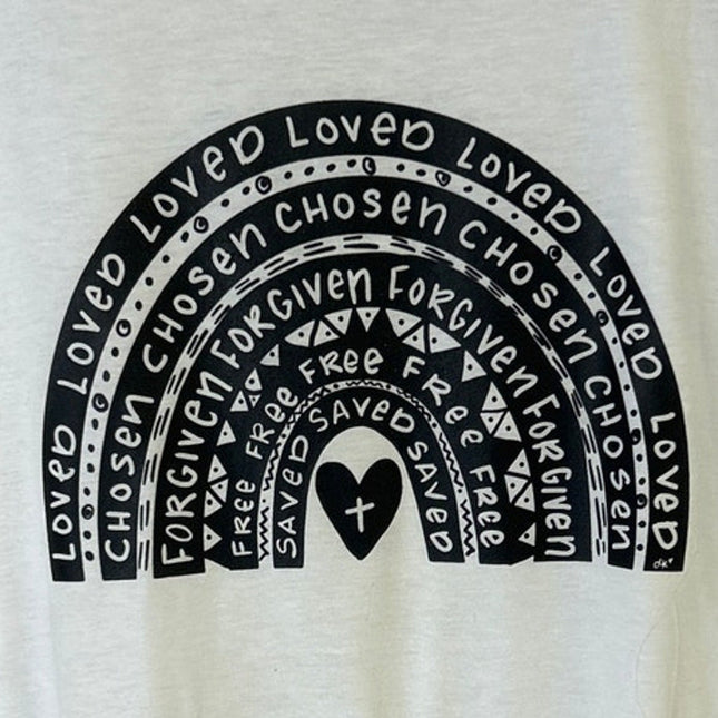 New Hand Printed Womens 2XL Jesus Loved Chosen Forgiven Free Rainbow Tee Shirt