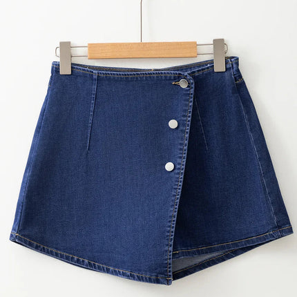 Bluing Asymmetric Wrapped Buttoned High Waist Denim Shorts