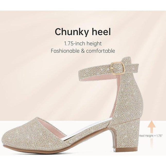 Laurmosa Girl Size 3 Gold Glitter Ankle Strap Low 2" Heel Closed Toe Dress Shoes
