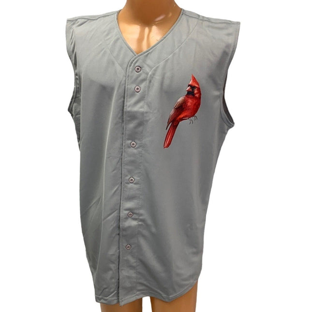 New Tag Team Mens Medium Hand Printed Cardinal Bird Buttoned Sleeveless Jersey