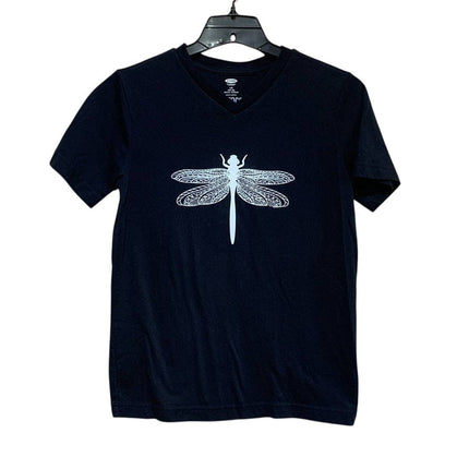 Hand Printed Upcycled Child Large (10/12) Dragonfly Short Sleeve V-Neck Tee