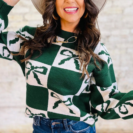 Blackish Green Bow Print Checkered Knit Sweater