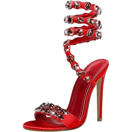 Lishan Womens Size 7.5 Red Satin Rhinestone Open Toe 5" Heel Ankle Wrap Shoes