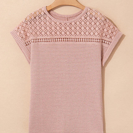 Mist Green Hollow Patchwork Waffle Knit Top