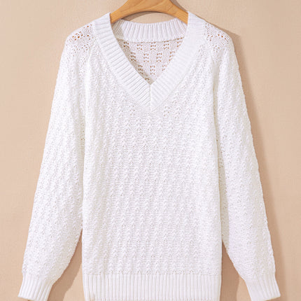 White Plain Knit Ribbed Edge V Neck Loose Sweater - Femstylo