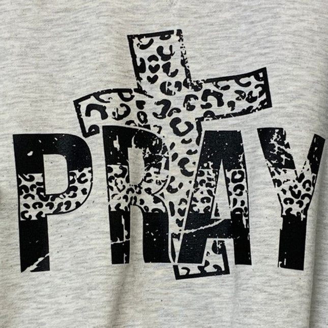 Hand Printed Upcycled Mens Large Gray Pray Crucifix Long Sleeve Sweatshirt