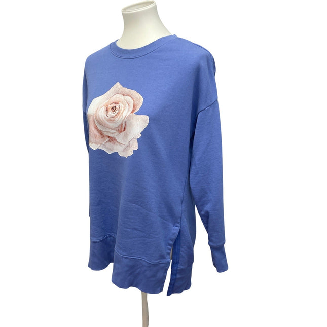 Hand Printed Upcycled Medium Rose Flower Long Sleeve Crew Neck Sweatshirt