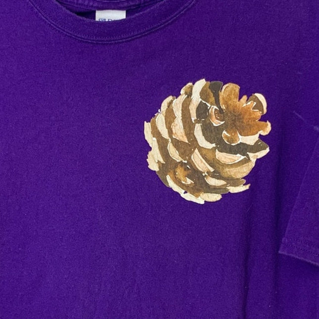 Upcycled Hand Printed Mens XL Purple Pine Cone Cotton Crew Neck Tee Shirt