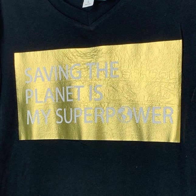 New Upcycled Hand Printed Womens Small Saving the Planet Superpower Tee Shirt