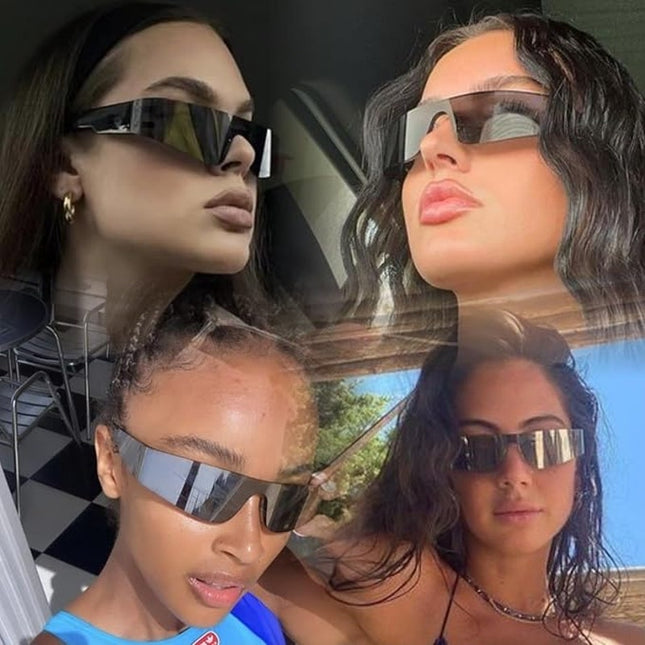 Milramtob Womens Black Futuristic Wrap Around Rimless Y2K Sunglasses