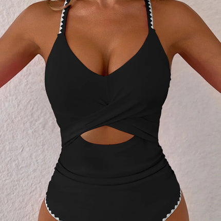 Rose Red Ric Rac Trim Colorblock Cutout One Piece Swimsuit