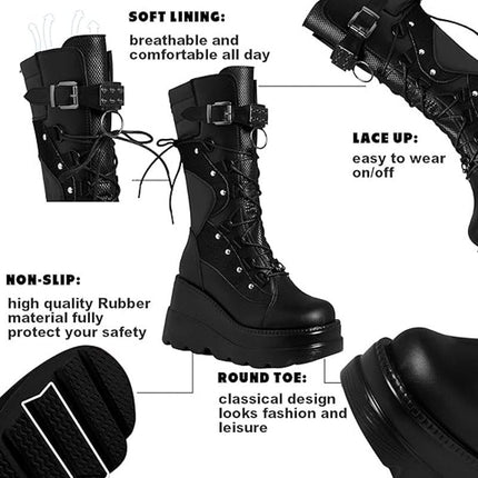 Tscoyuki Women Size 7 Black 3.5" Platform Lace Up Goth Wedge Mid Calf Boot Shoes