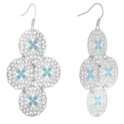 Silver Turquoise Color Round Filigree Dangle Earrings