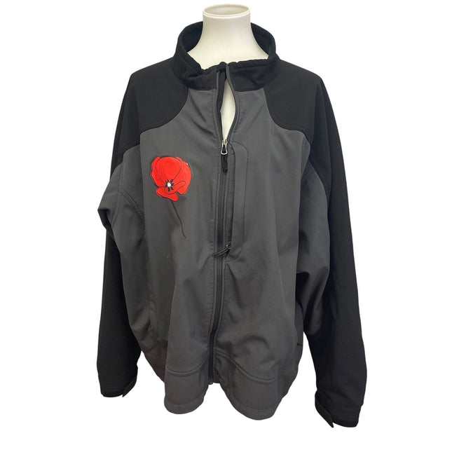 Hand Printed Upcycled 3XL Red Poppy Flower Weatherproof Full Zip Jacket