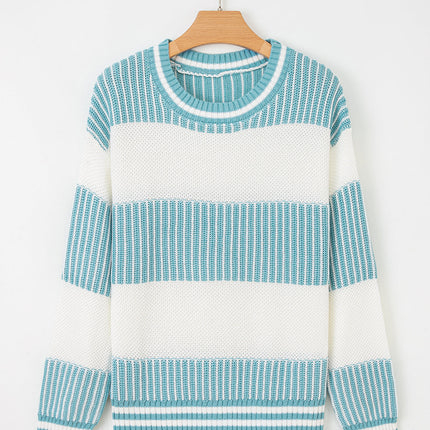 Light Blue Two Tone Striped Patchwork Drop Shoulder Sweater