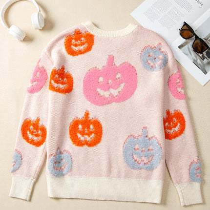 Beige Halloween Cute Pumpkin Pattern Sweater
