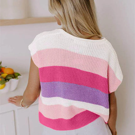 Multicolour Colorblock Notch V Neck Knit T Shirt