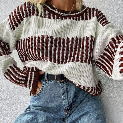 Brown Two Tone Striped Patchwork Drop Shoulder Sweater