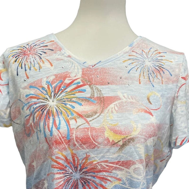 i b diffusion Womens Medium Short Sleeve Bejeweled Fireworks Tee Shirt