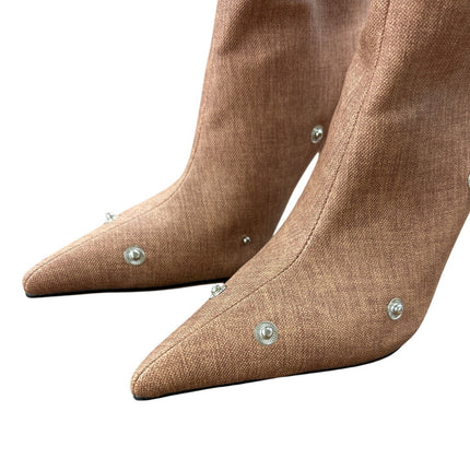 New Arqa Womens 7.5 Brown Faux Leather Studded 4" Heel Knee High Boots Shoes