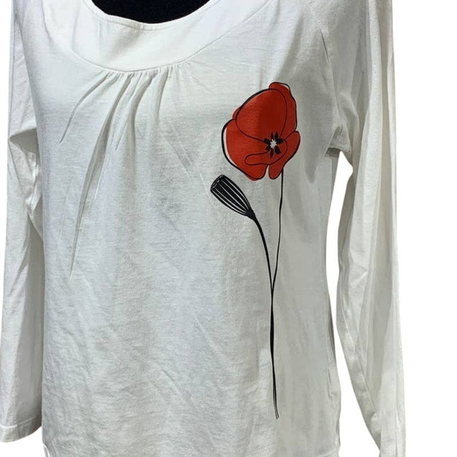 Hand Printed Upcycled Womens Petite Large Red Poppy Flower Pima Cotton T-Shirt