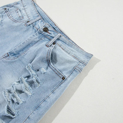 Light Blue Distressed Ripped Raw Hem High Waist Denim Shorts