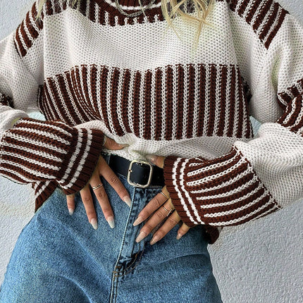 Brown Two Tone Striped Patchwork Drop Shoulder Sweater