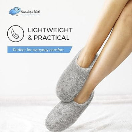 HS Womens 8.5 Gray Natural Organic Wool, Genuine Leather Sole Handmade Slippers
