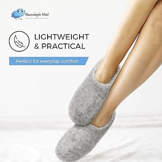 HS Womens 8.5 Gray Natural Organic Wool, Genuine Leather Sole Handmade Slippers