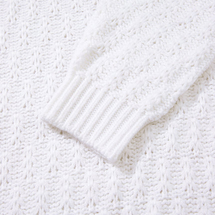 White Plain Knit Ribbed Edge V Neck Loose Sweater - Femstylo