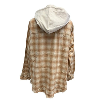 New Hand Printed Womens XL Blue Jay Bird Plaid Flannel Long Sleeve Hoodie