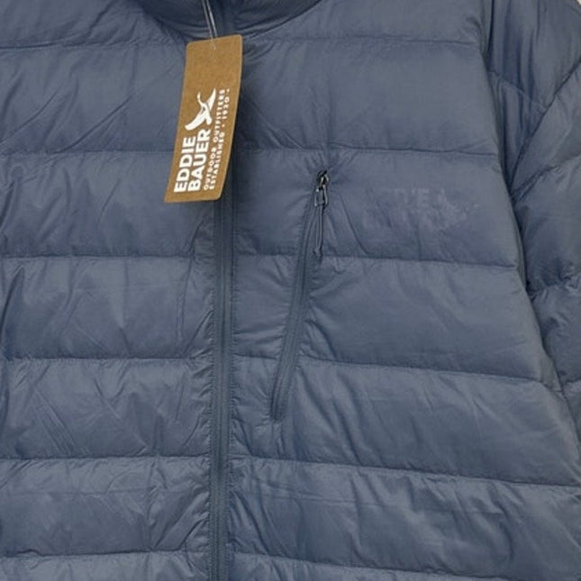 New Eddie Bauer Mens XL Blue Hooded Zip Up Soft Packable 550 Down Puffer Jacket