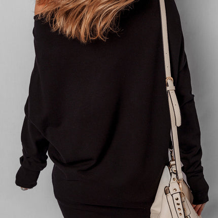 Black Asymmetric Neck Batwing Sleeve Shift Mini Sweater Dress