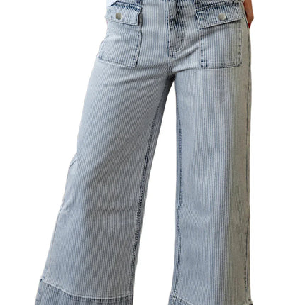 Sky Blue Striped Button Flap Pocket Cuffed Hem Wide Leg Jeans