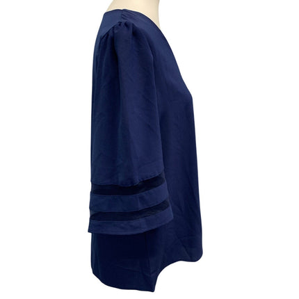 Womens Large Sheer Lightweight Deep V Neck Navy Blue Long Sleeve Top Blouse