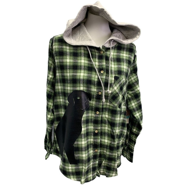New Hand Printed Womens Medium Black Lab Dog Long Sleeve Plaid Flannel Hoodie