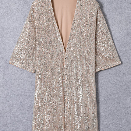 Apricot Sequin 3/4 Sleeve Open Front Duster Cardigan - Femstylo